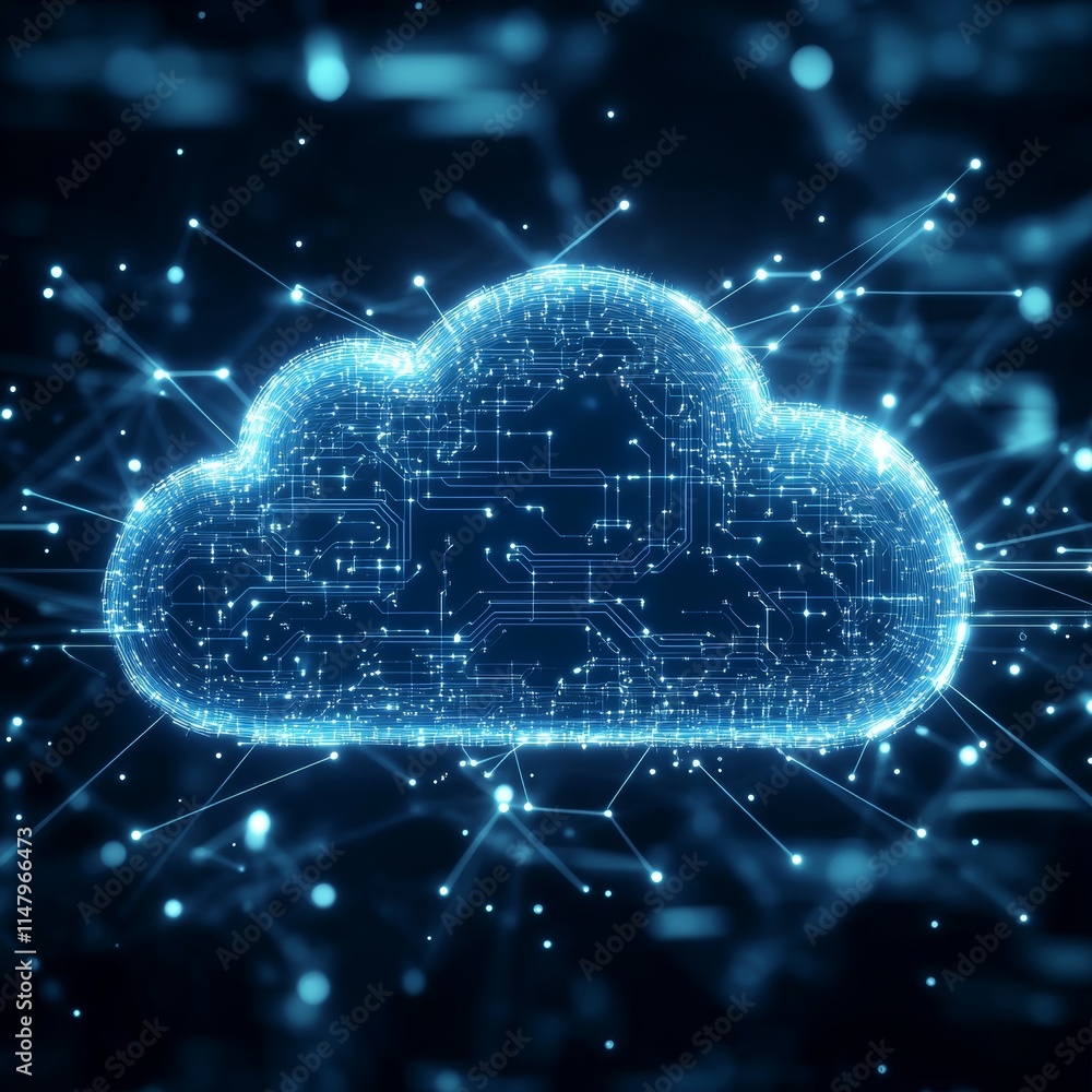 Poster digital cloud symbol with glowing circuits representing data transfer and modern technology in a fut