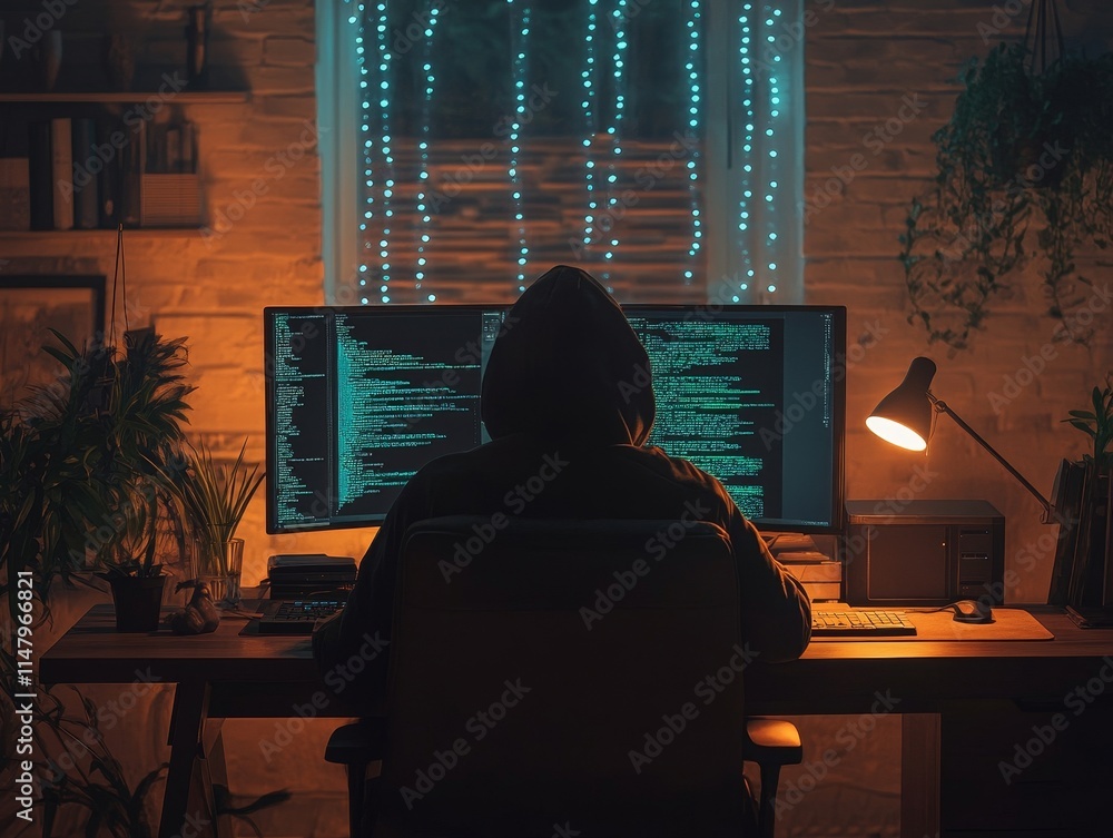 Poster individual working in a dimly lit room with dual monitors displaying code while surrounded by plants