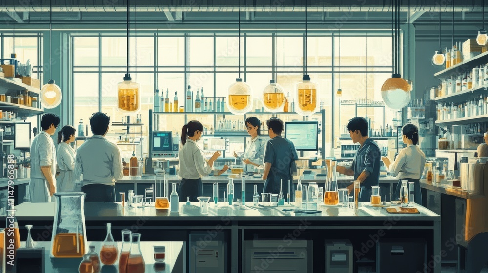 Poster busy science lab with multiple researchers conducting experiments