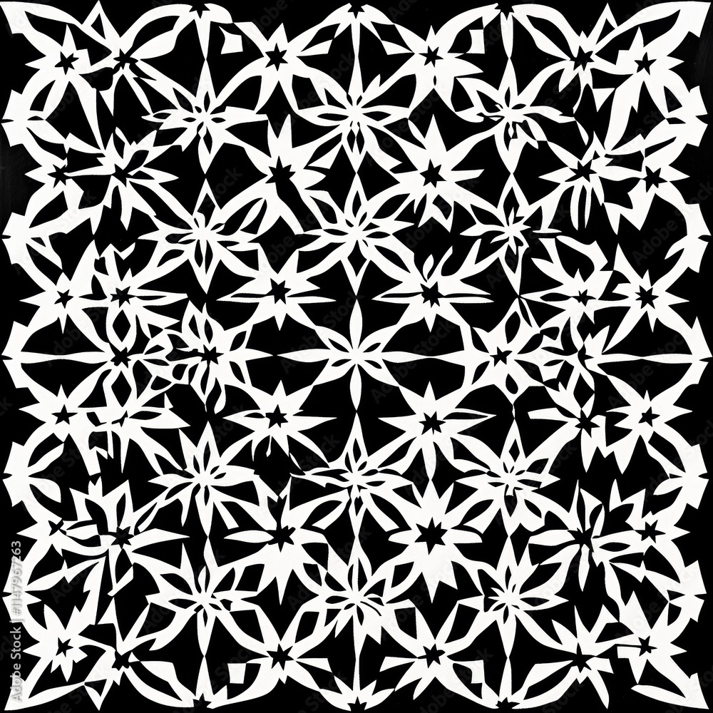 Poster a black and white pattern of flowers. the flowers are in a pattern and are scattered throughout the 