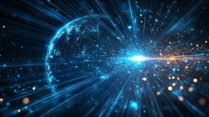 Obraz premium Vibrant Cosmic Energy Radiates From a Glowing Orb, Showcasing Light Trails and Digital Textures in a Vast Universe Filled With Stars and Particles