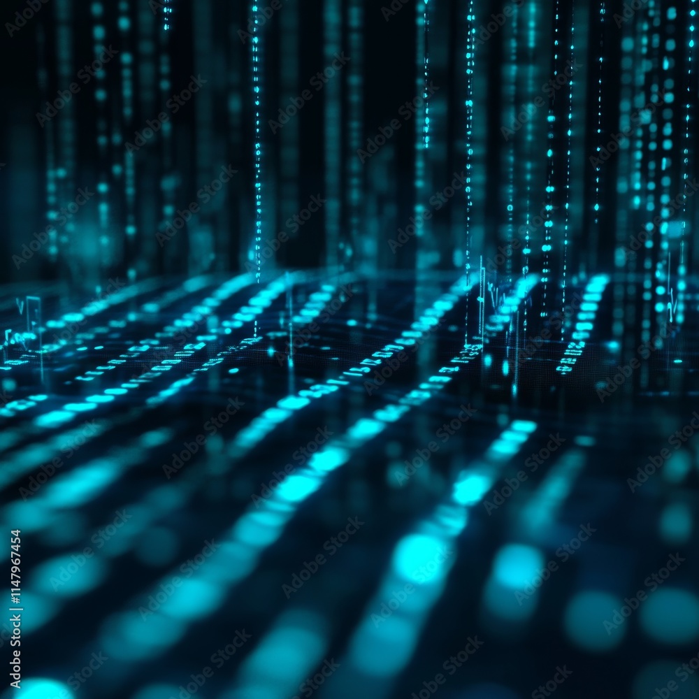 Poster digital landscape with flowing blue binary data illuminated against a dark background showcasing mod