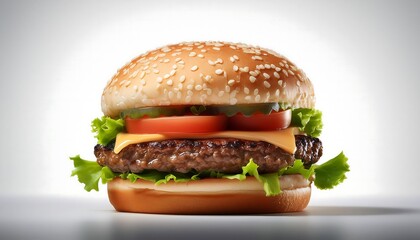 double-patty hamburger with lettuce sits against a plain white background.