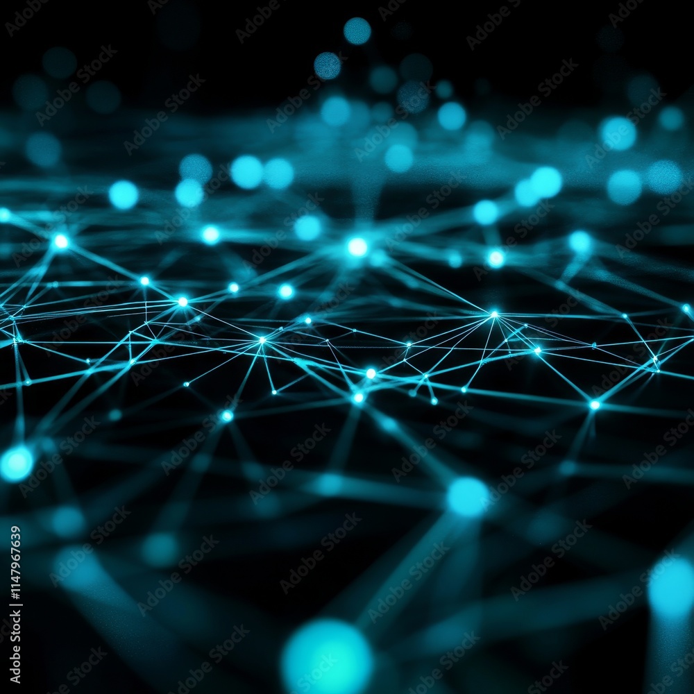 Poster digital network connections illuminated in bright blue glow, showcasing technology and data flow in 