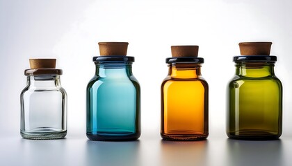 Four small glass bottles of various sizes and colors stand against a white background.