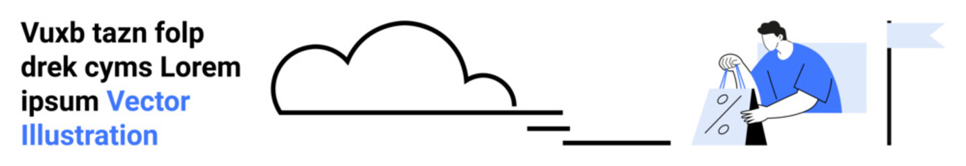 Man pitching a tent under a simple cloud outline. Ideal for camping, outdoor activities, adventure, planning, teamwork, goals, journey themes. Landing page