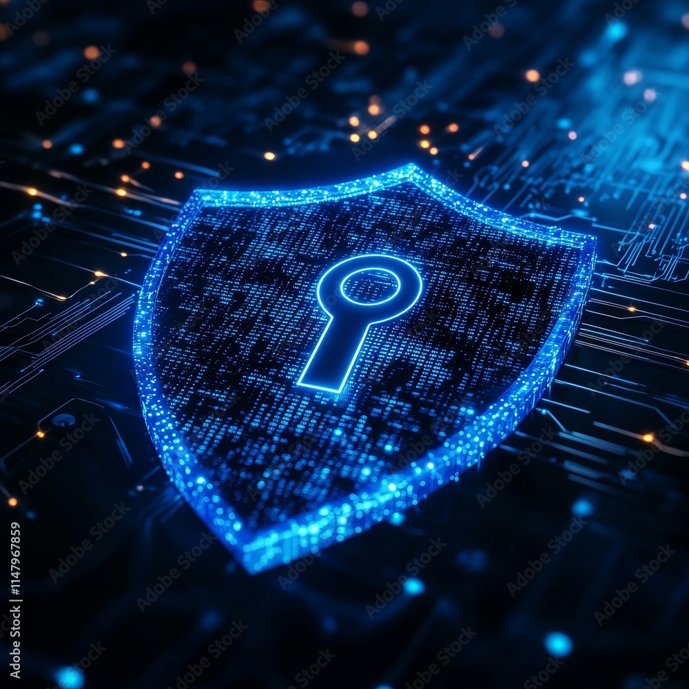 Poster cybersecurity shield with glowing lock symbol against a futuristic digital background highlighting d