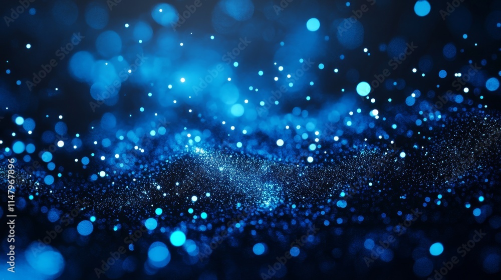Poster sparkling blue particles create an ethereal atmosphere in a dark setting with depth and motion acros