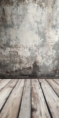 Fototapeta premium Textured Concrete Wall and Wooden Floor Create a Rustic Backdrop for Creative Design in an Indoor Space