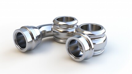 Close up view of various shiny metallic engineering components parts and equipment arranged in a studio setting on a white background  Concept of precision manufacturing technology