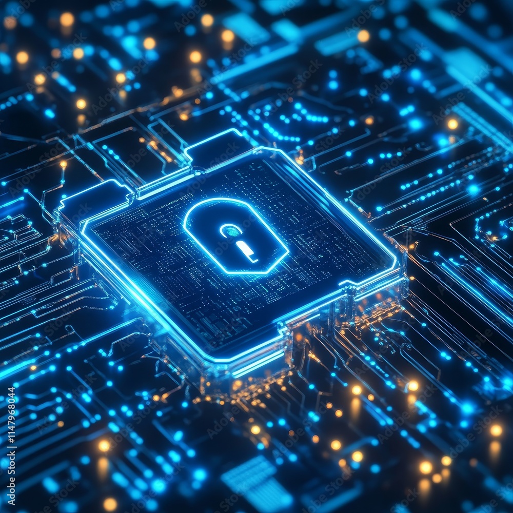 Aufkleber digital security represented by a glowing lock symbol on a circuit board, highlighting technology in