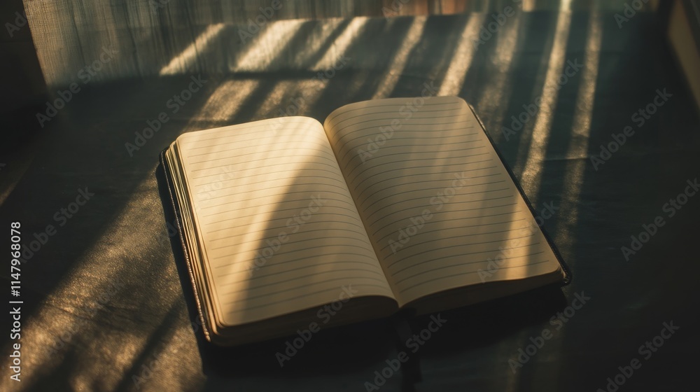 Poster a book is open to a page with a sun shining on it. the book is on a table