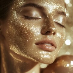 Beautiful young woman with golden shining mask on her face for skin treatment