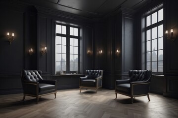 Fototapeta premium Dark waiting room interior with two armchairs and panoramic window,