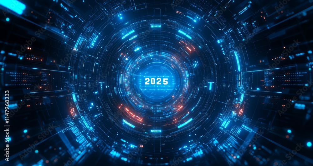 Aufkleber futuristic digital interface displaying the year 2025 with a vibrant blue and orange color scheme in