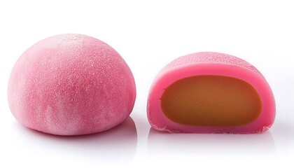 Two pink mochi pieces, one halved, are shown on a white background.
