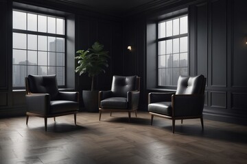 Fototapeta premium Dark waiting room interior with two armchairs and panoramic window,