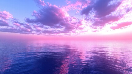 Obraz premium Serene Sunset Over Calm Ocean Waters with Soft Pink Clouds Reflecting on the Surface, Creating a Dreamy and Tranquil Atmosphere at Dusk