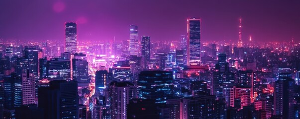 Obraz premium Conceptual picture of a smart city digital transformation development. Modern urban cityscape with band lights at night. New fast internet communication technology