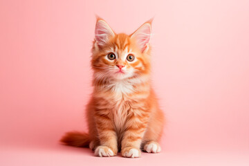 Obraz premium Portraite of cute brown kitten sitting on a pink background. Free space for text.