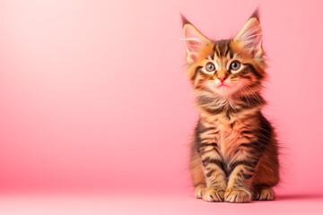 Obraz premium Portrait of cute kitten sitting on a pink background. Free space for text.