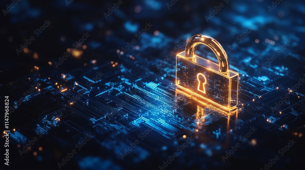 Poster digital lock symbolizing cybersecurity on a glowing data background showcasing technology and encryp