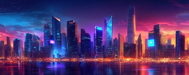 Conceptual picture of a smart city digital transformation development. Modern urban cityscape with band lights at night. New fast internet communication technology