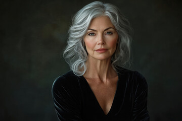 Fototapeta premium A mature woman with gray wavy hair, wearing a black velvet dress, poses for a portrait against a dark background.