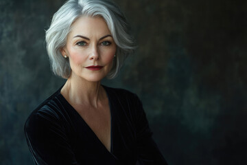 Fototapeta premium Elegant mature woman with short gray hair, wearing a black velvet dress, poses against a dark background.