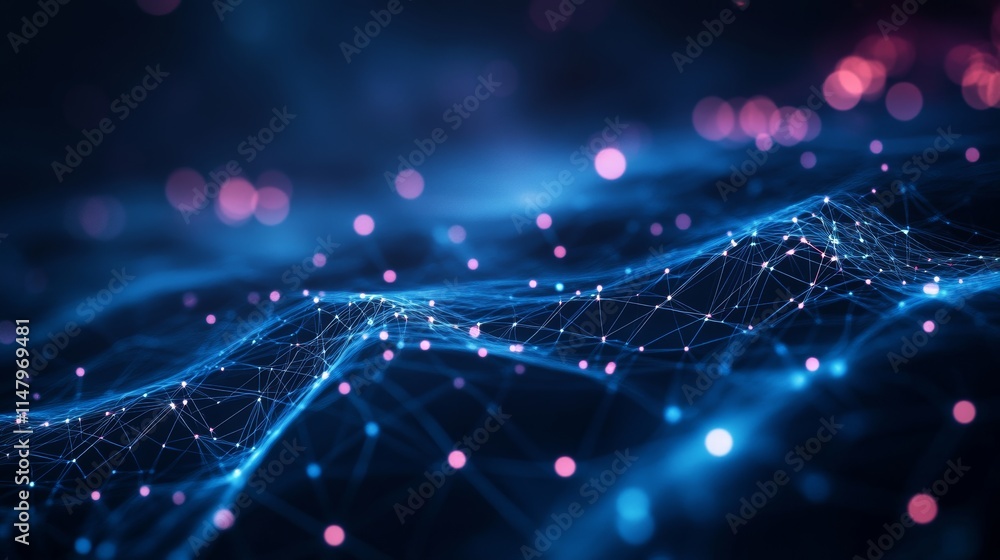 Poster abstract representation of a digital landscape with glowing particles and wave patterns during night