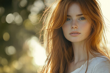 Naklejka premium A portrait of a young woman with long, flowing ginger hair and freckles, bathed in soft sunlight.
