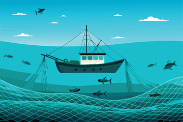 Depict a modern fishing boat employing sustainable, renewable fishing practices; focus on eco-friendly gear and minimal bycatch.