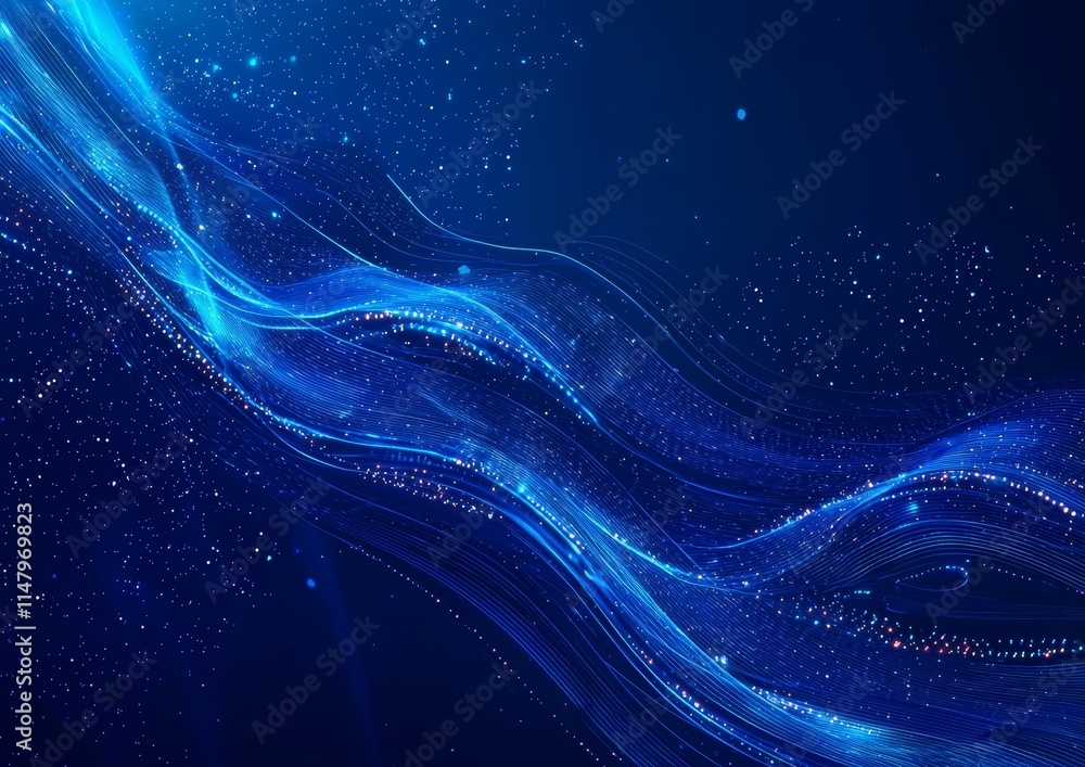 Poster vibrant blue abstract waves creating a dynamic visual flow with sparkling elements against a dark ba