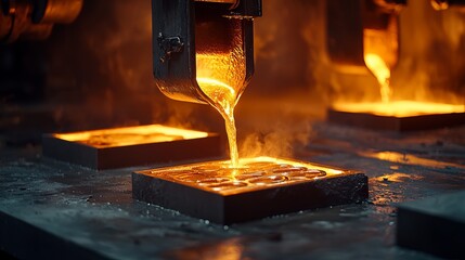 imagine prompt: Minimalist industrial landscape, with a large, simple smelter pouring molten gold into molds. Sparse composition with smooth surfaces and muted colors, highlighting the gc429253c60a9