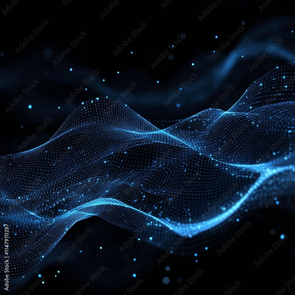 Poster visual representation of dynamic waves in blue hues with shimmering particles in a dark atmosphere c