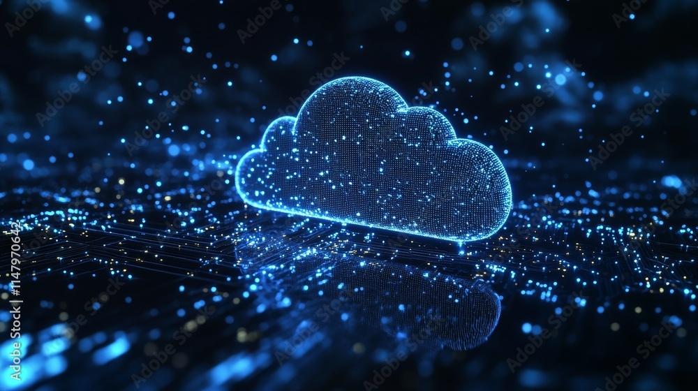 Aufkleber Digital Cloud Technology Visualized With Glowing Particles on Dark Background Representing Data Storage and Connectivity in Modern Computing Environments