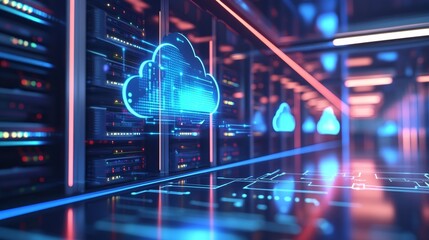 Innovative Cloud Computing Technology in a Modern Data Center With Illuminated Servers and Digital Displays