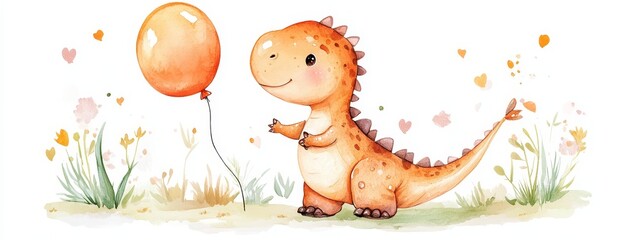Adorable Watercolor Dinosaur Holding a Balloon Surrounded by Whimsical Elements and Soft Colors