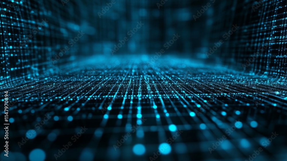 Poster abstract representation of digital data streams flowing through a virtual space illuminated by blue 