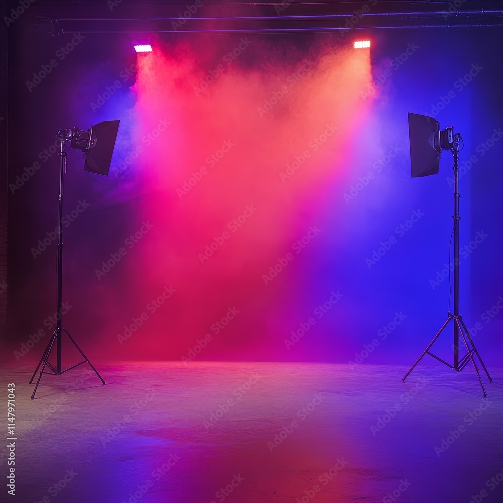 Poster colorful lighting setup with fog effects created for a photoshoot in a studio environment during eve