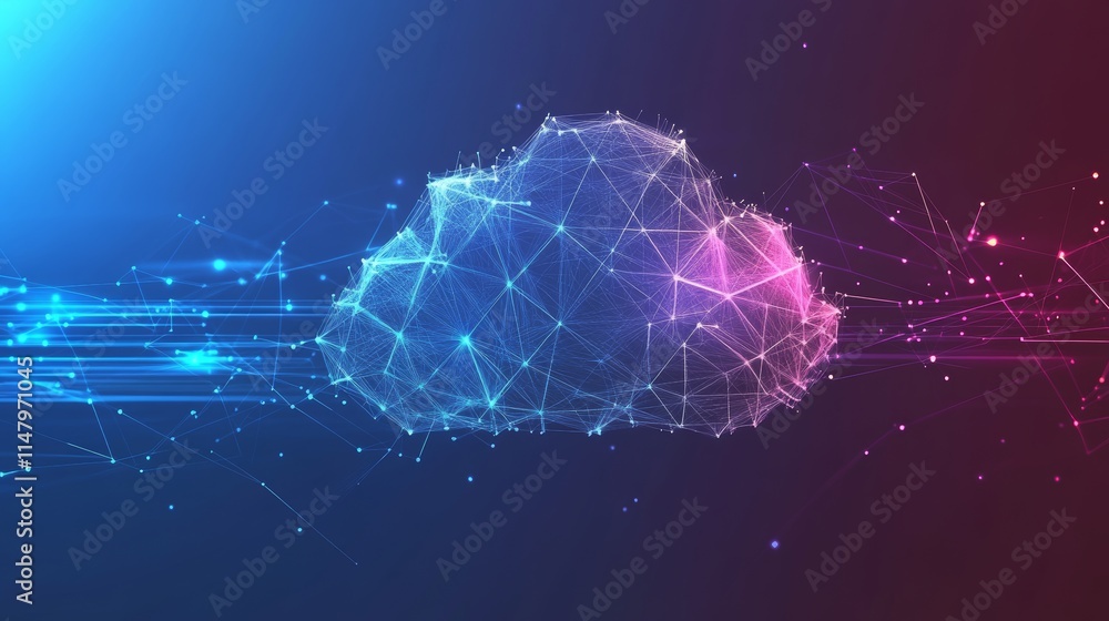 Poster digital cloud composed of interconnected nodes and lines generating colorful light effects in a mode