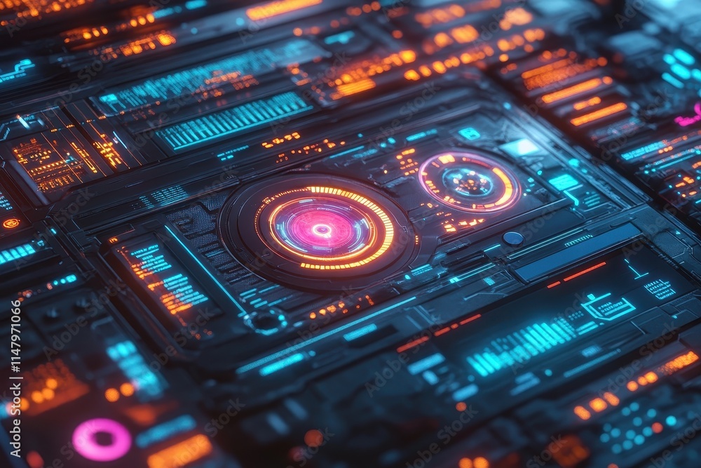 Poster futuristic glowing circuit board with vibrant neon colors and intricate patterns in a technology set