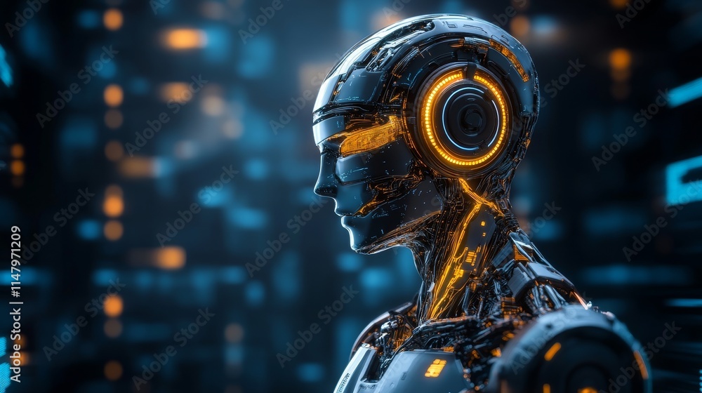 Aufkleber robotic figure with glowing features in a futuristic digital environment showcasing advanced technol