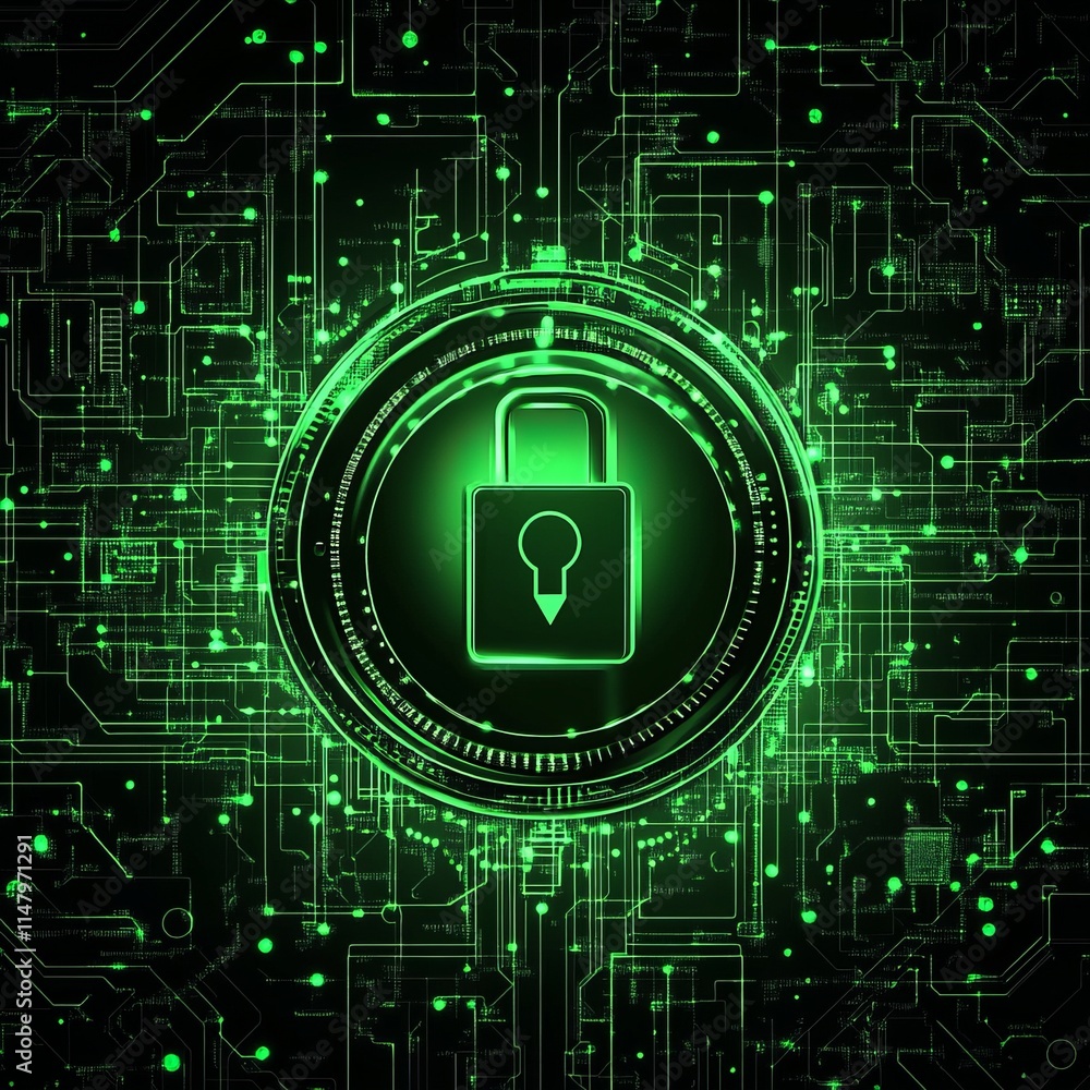 Poster digital lock symbol surrounded by green circuitry patterns representing cyber security and data prot