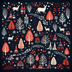 Flat Vector Illustration of an Elegant Christmas Pattern Featuring Festive Elements