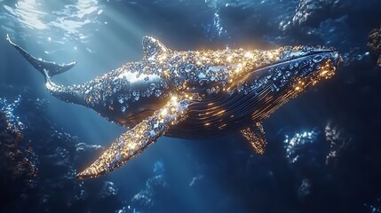 A majestic whale glides gracefully through vibrant coral reefs, showcasing the beauty of marine life and underwater ecosystems.