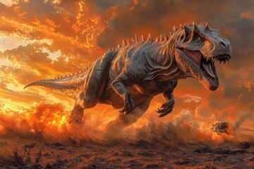 Fierce dinosaur charging across fiery prehistoric landscape at sunset; dramatic, powerful image showcasing prehistoric wildlife.