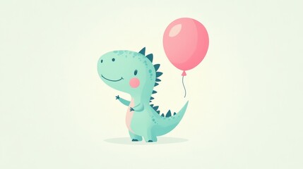 Obraz premium Cute Baby Dinosaur in Pastel Colors Holding a Pink Balloon with a Cheerful Expression on a Soft Background
