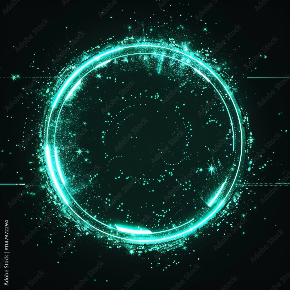 Poster digital circular abstract design with glowing elements against a black background, creating a dynami
