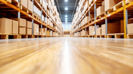 Fototapeta premium Spacious warehouse aisle with perfectly aligned shelves full of boxes, creating a sense of order and productivity. Industrial storage and logistics concept.